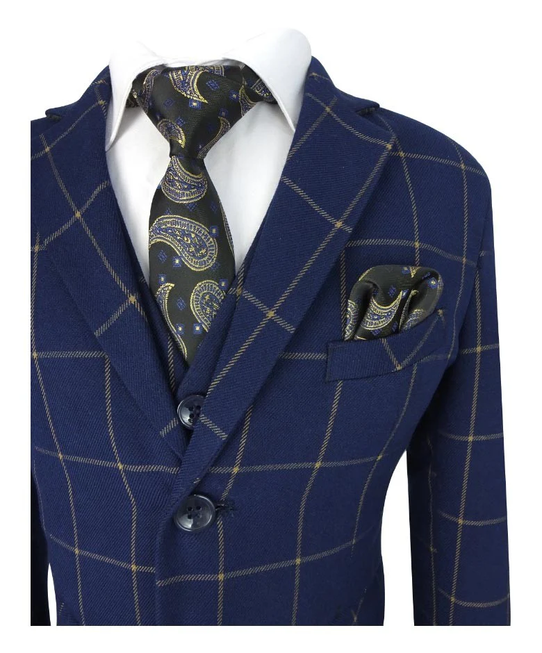 Boys Windowpane Check Suit Set - Navy Blue - Gold - Image 3
