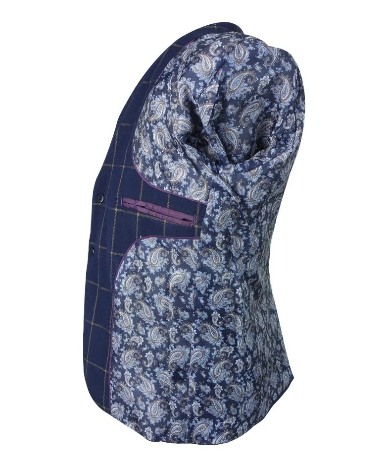 Boys Windowpane Check Suit Set - Navy Blue - Gold - Image 9