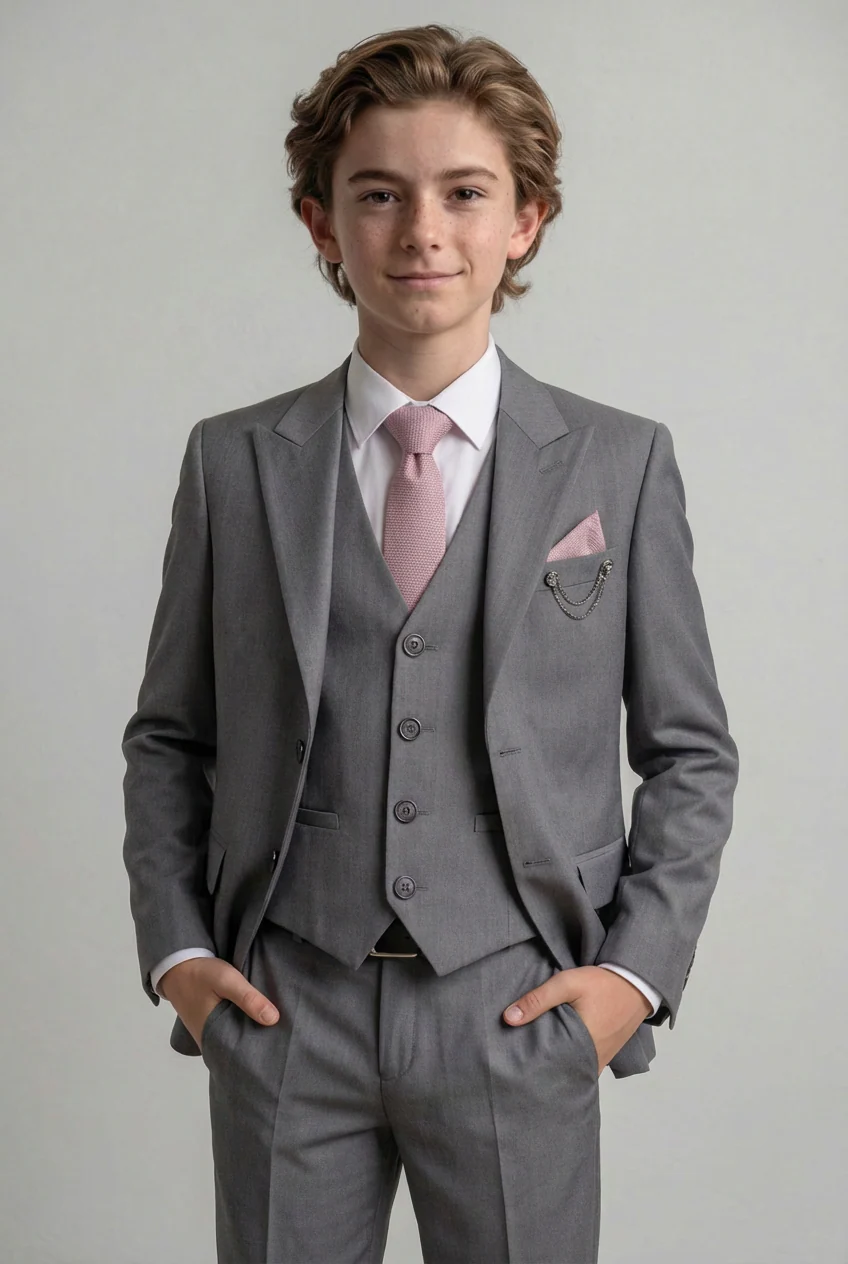 Boys 7-Piece Slim Fit Twill Suit - GREY - Image 2