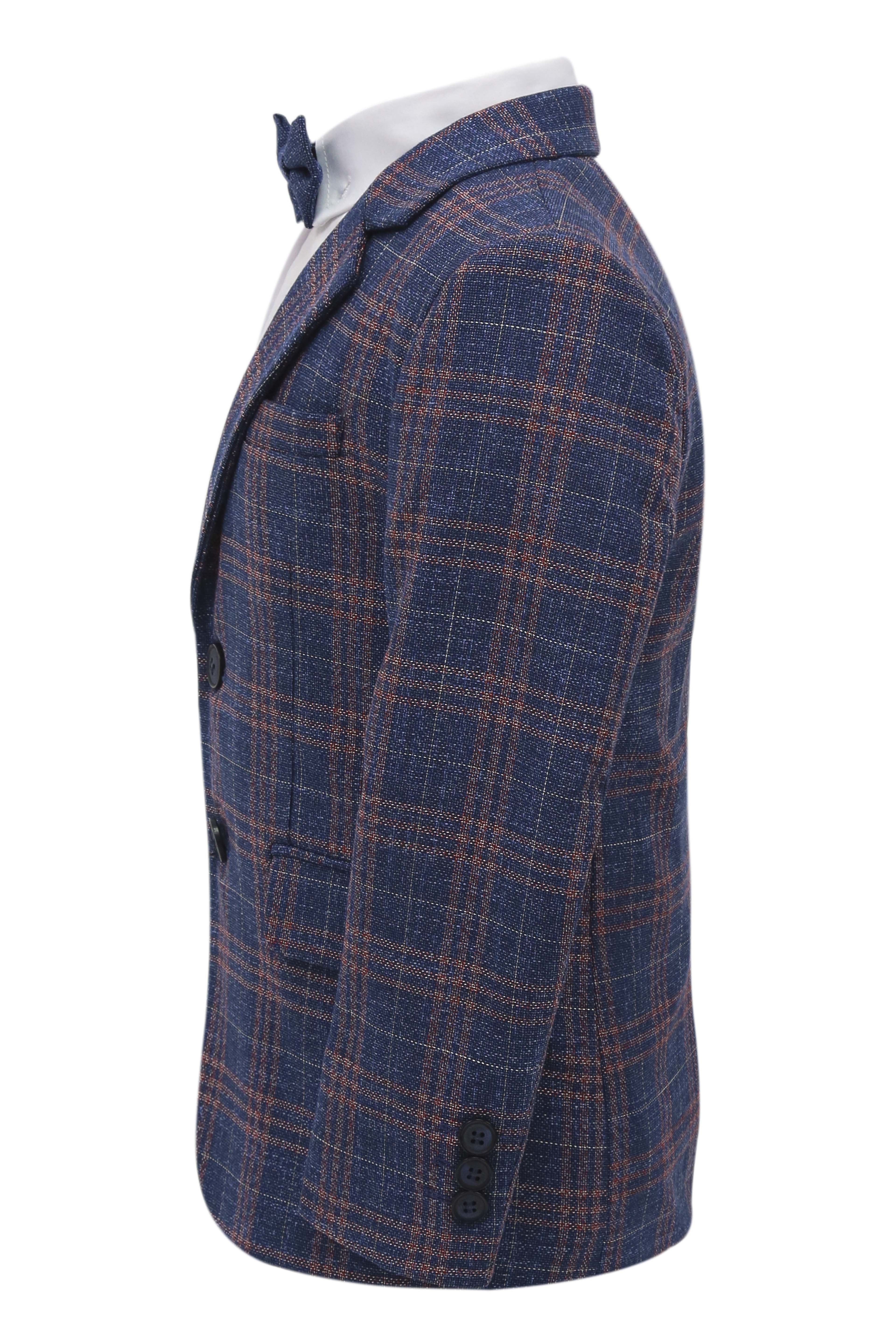 Boys 7 Pieces Check Plaid Suit Set - Navy Blue - Image 7