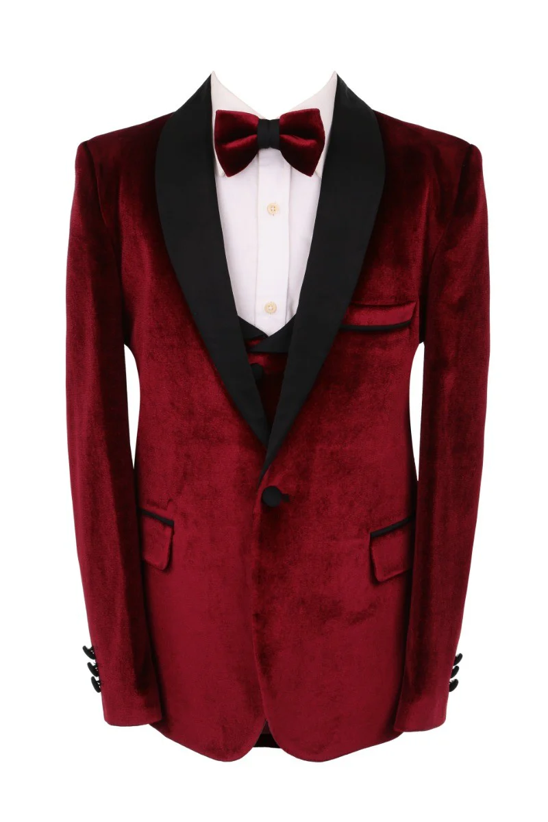 Boys Velvet Tuxedo 5 Piece Dinner Suit - Burgundy and Black - Image 2
