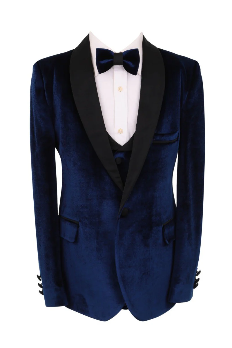Boys Velvet Tuxedo 5 Piece Dinner Suit - Navy Blue and Black - Image 2