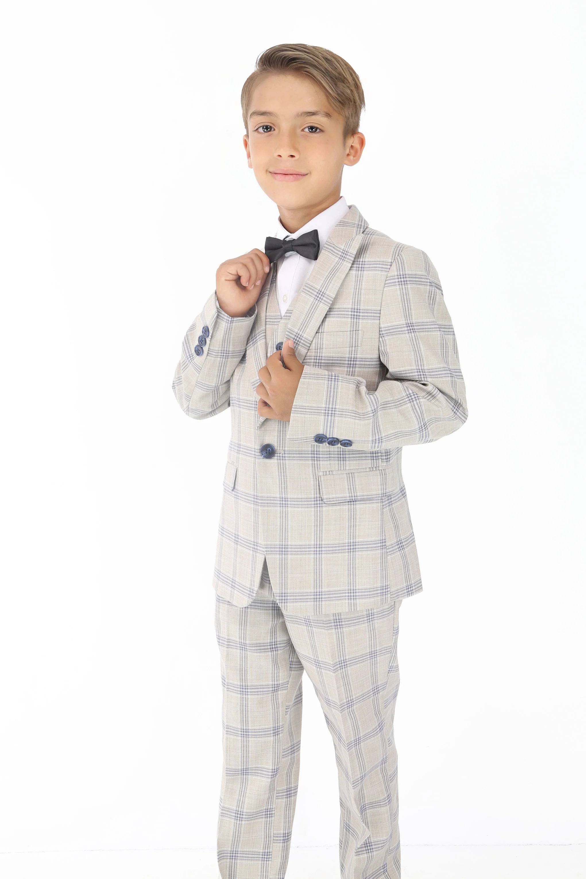 Boys Beige & Blue Plaid Check Suit - Beige - Blue - Image 3