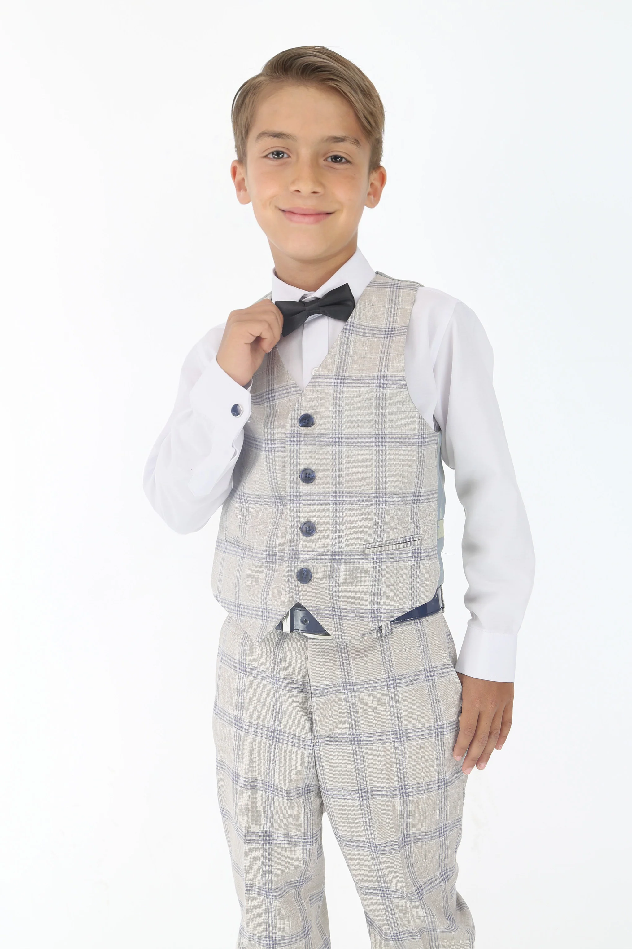 Boys Beige & Blue Plaid Check Suit - Beige - Blue - Image 7