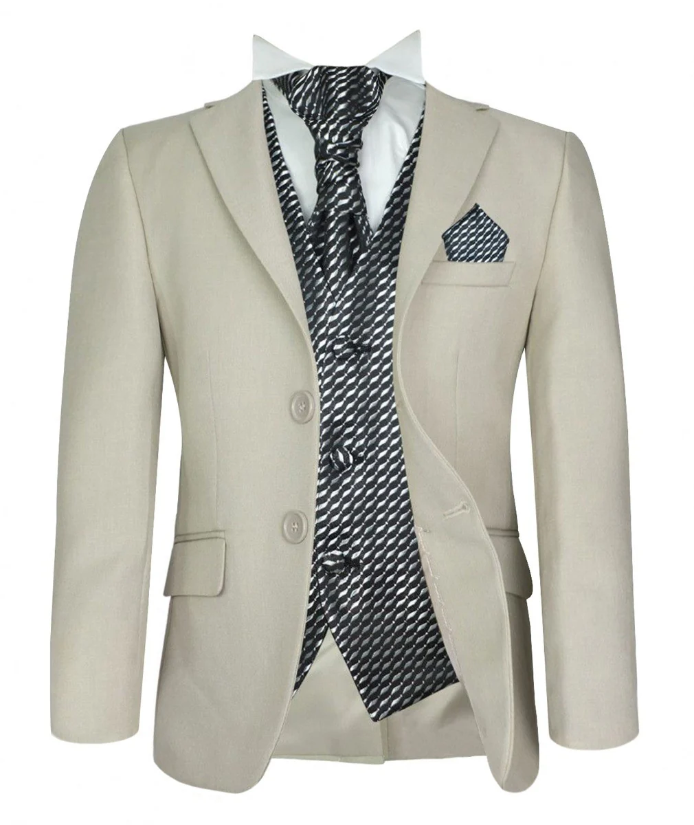 Boys Beige Suit with Patterned Waistcoat and Cravat Set - Beige - Black