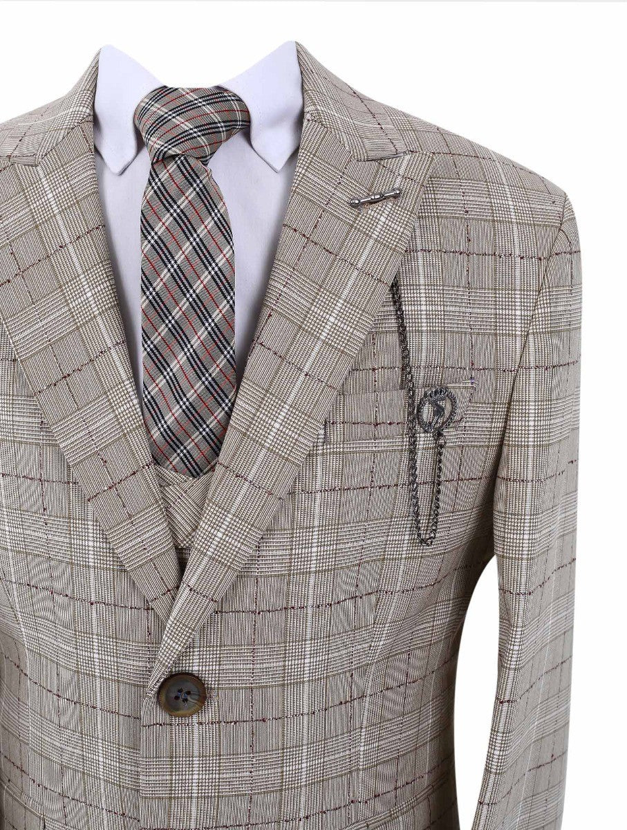 Boys Retro Check Slim Fit Suit - Beige - Image 2