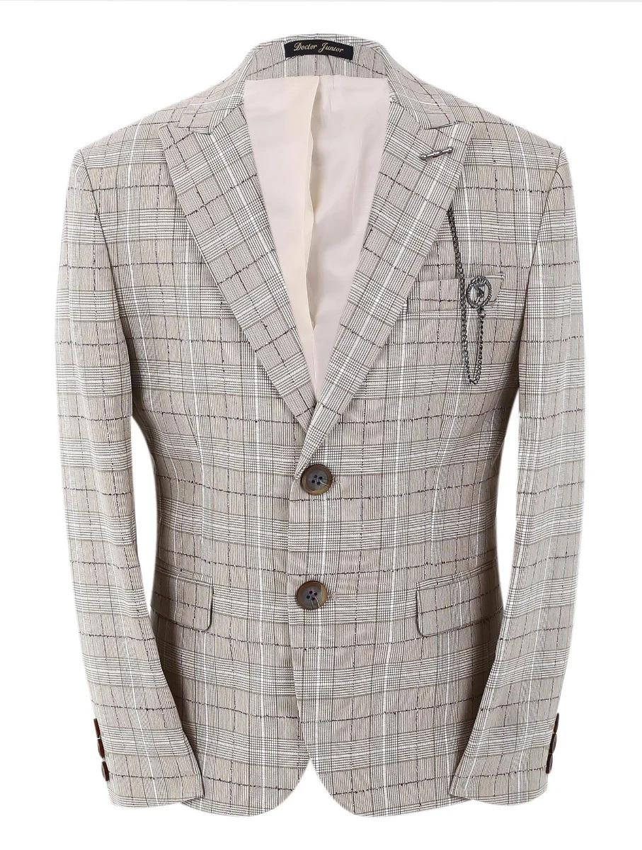 Boys Retro Check Slim Fit Suit - Beige - Image 3