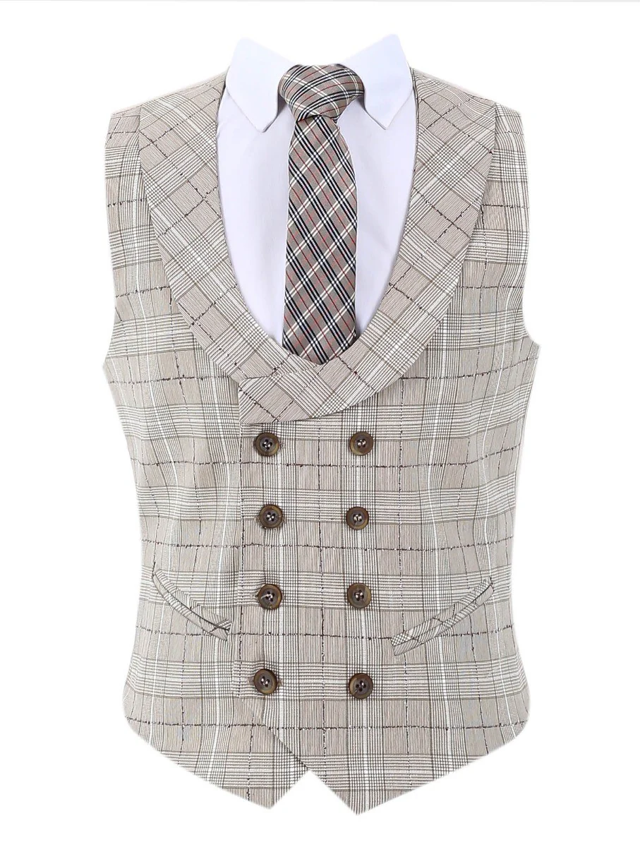 Boys Retro Check Slim Fit Suit - Beige - Image 5