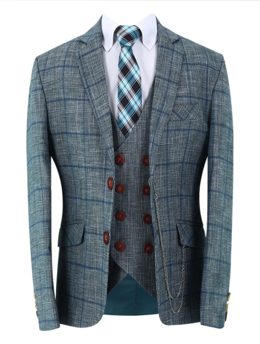 Boys Slim Fit Windowpane Check Suit - Dark Green - Image 10