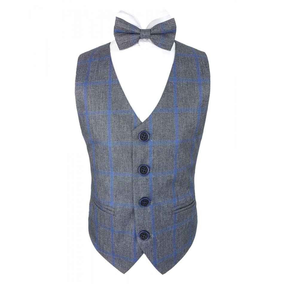 Boys Check Tweed Bow Tie Set - Grey - Blue - Image 2