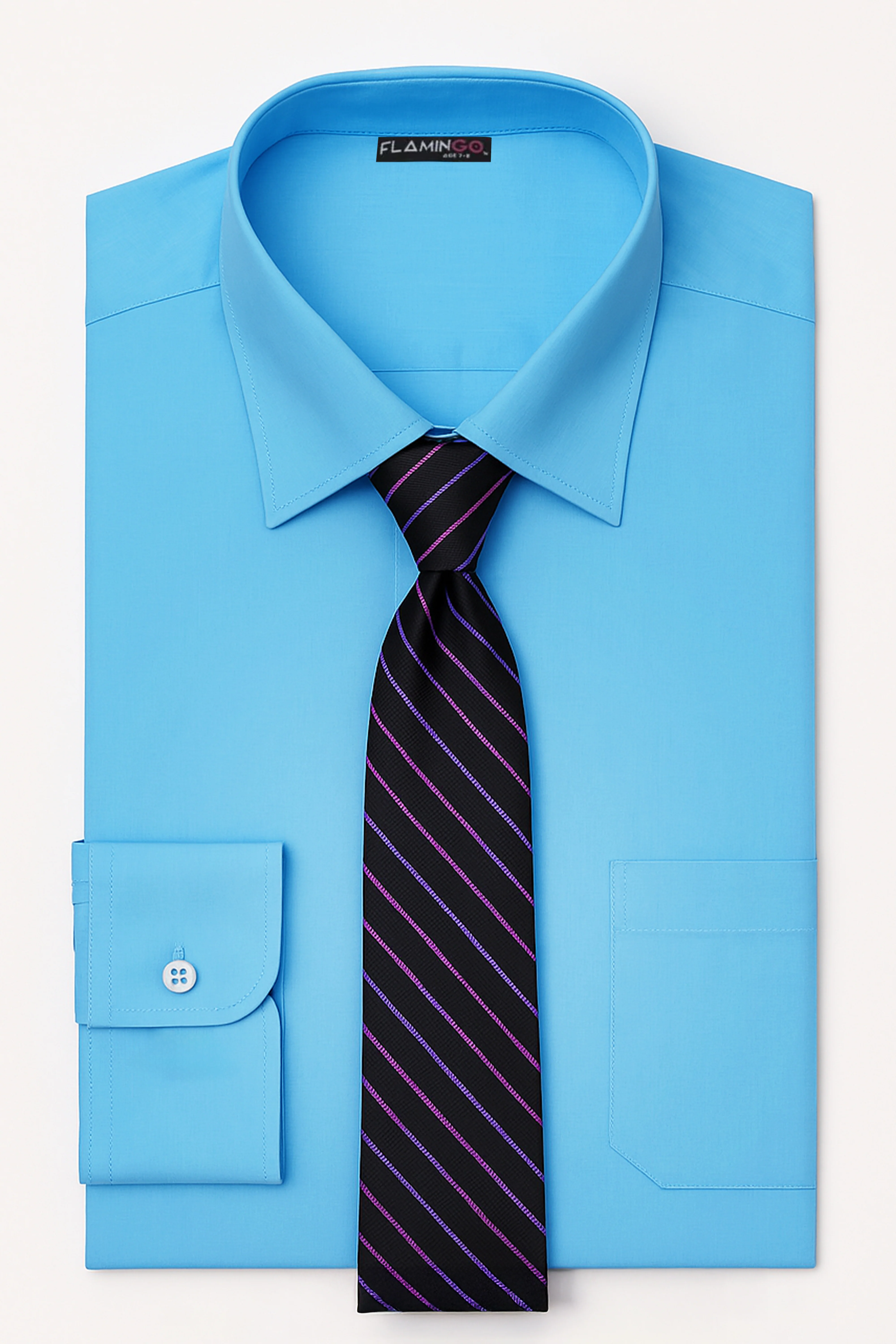 Boys Classic Collar Shirt & Tie Set - Aqua Blue - Image 3