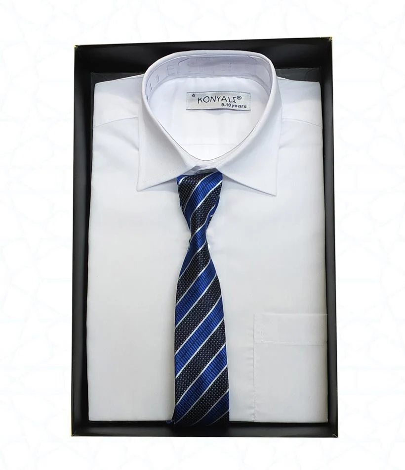 Boys Classic Collar White Shirt & Tie Set - Blue - Navy - Image 2