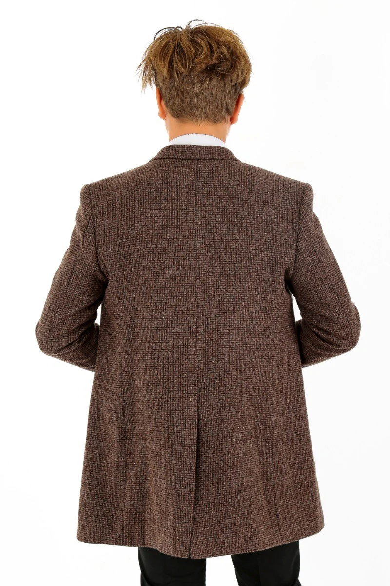 Boys Wool Tweed Patterned Midi Coat - Light Brown - Image 5