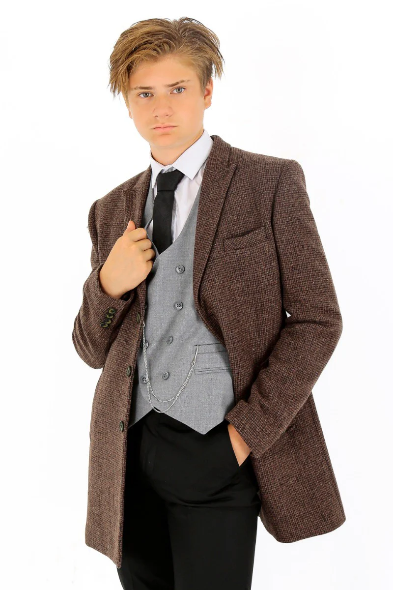 Boys Wool Tweed Patterned Midi Coat - Light Brown - Image 7