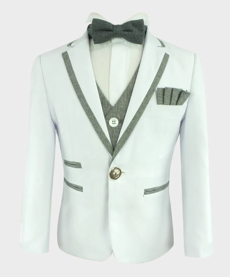 Boys Communion Piping Slim Fit Suit - White - Image 3