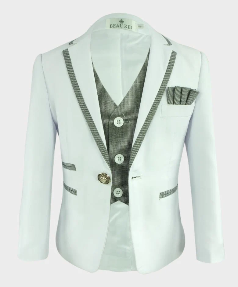 Boys Communion Piping Slim Fit Suit - White - Image 4