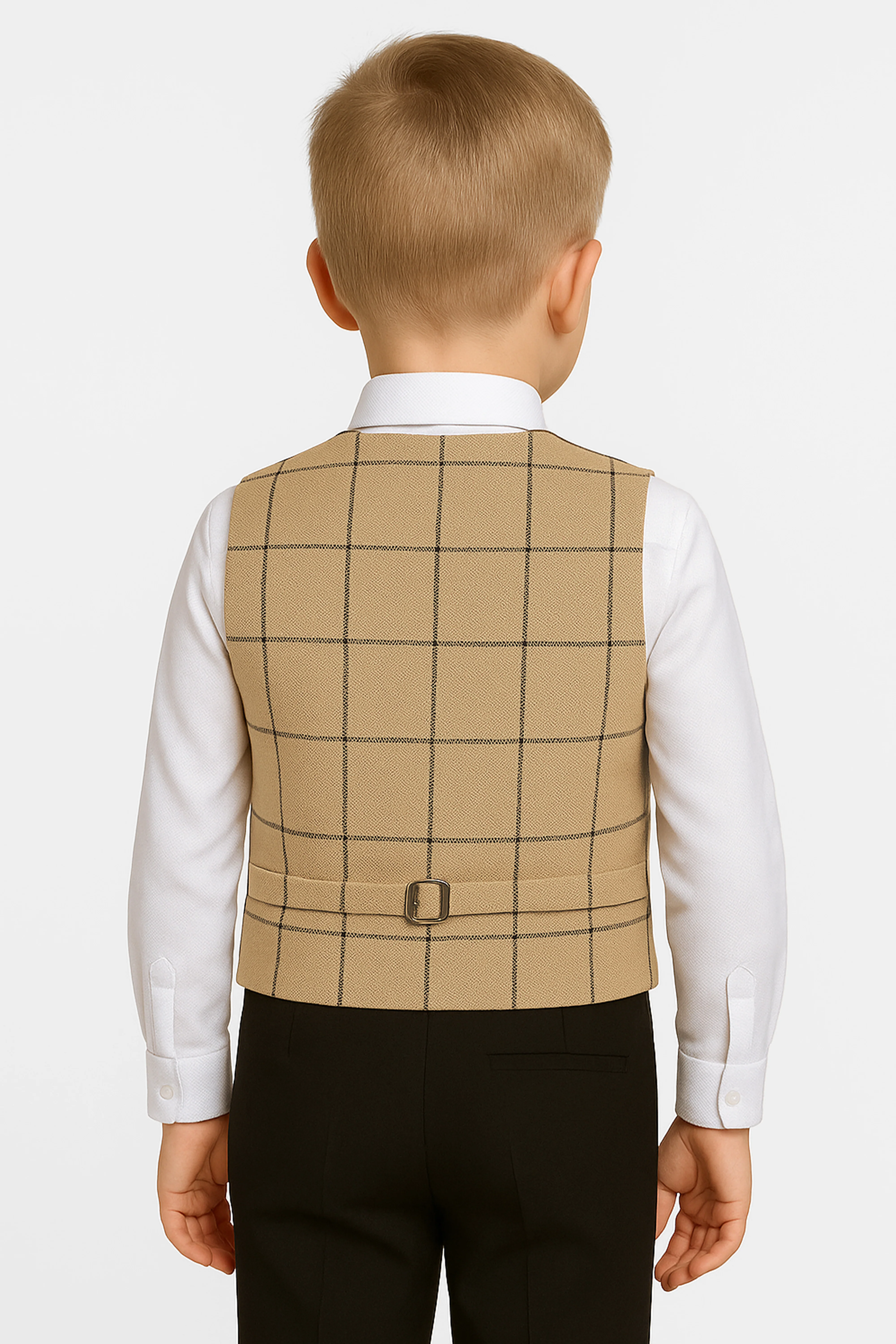 Boys Cotton 4-Piece Check Double Breasted Waistcoat Suit Set - Camel - Image 2