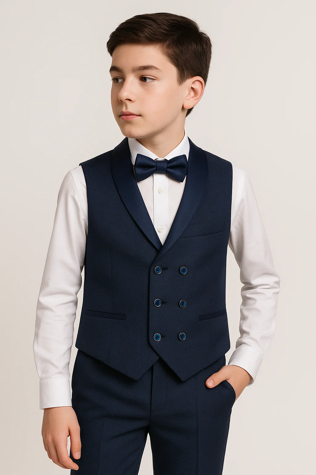 Boys Cotton 4-Piece Double Breasted Tuxedo Waistcoat Suit - Navy