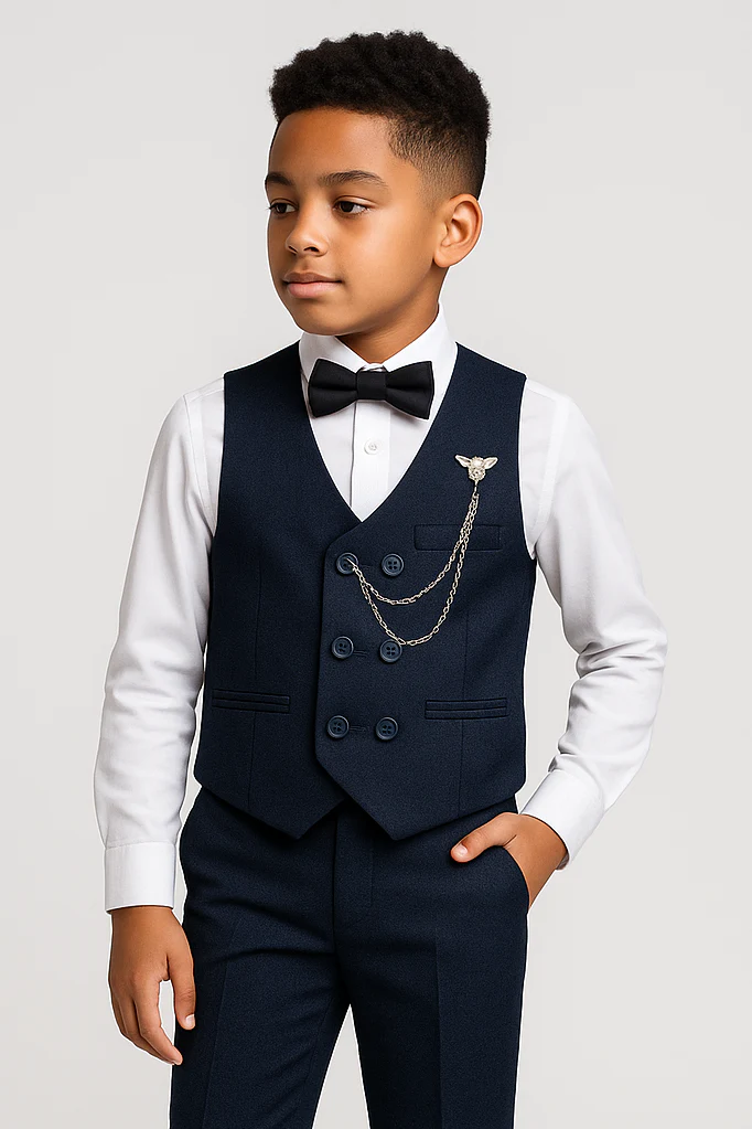 Boys Cotton 5-Piece Double Breasted Waistcoat Suit - BASAK - Navy