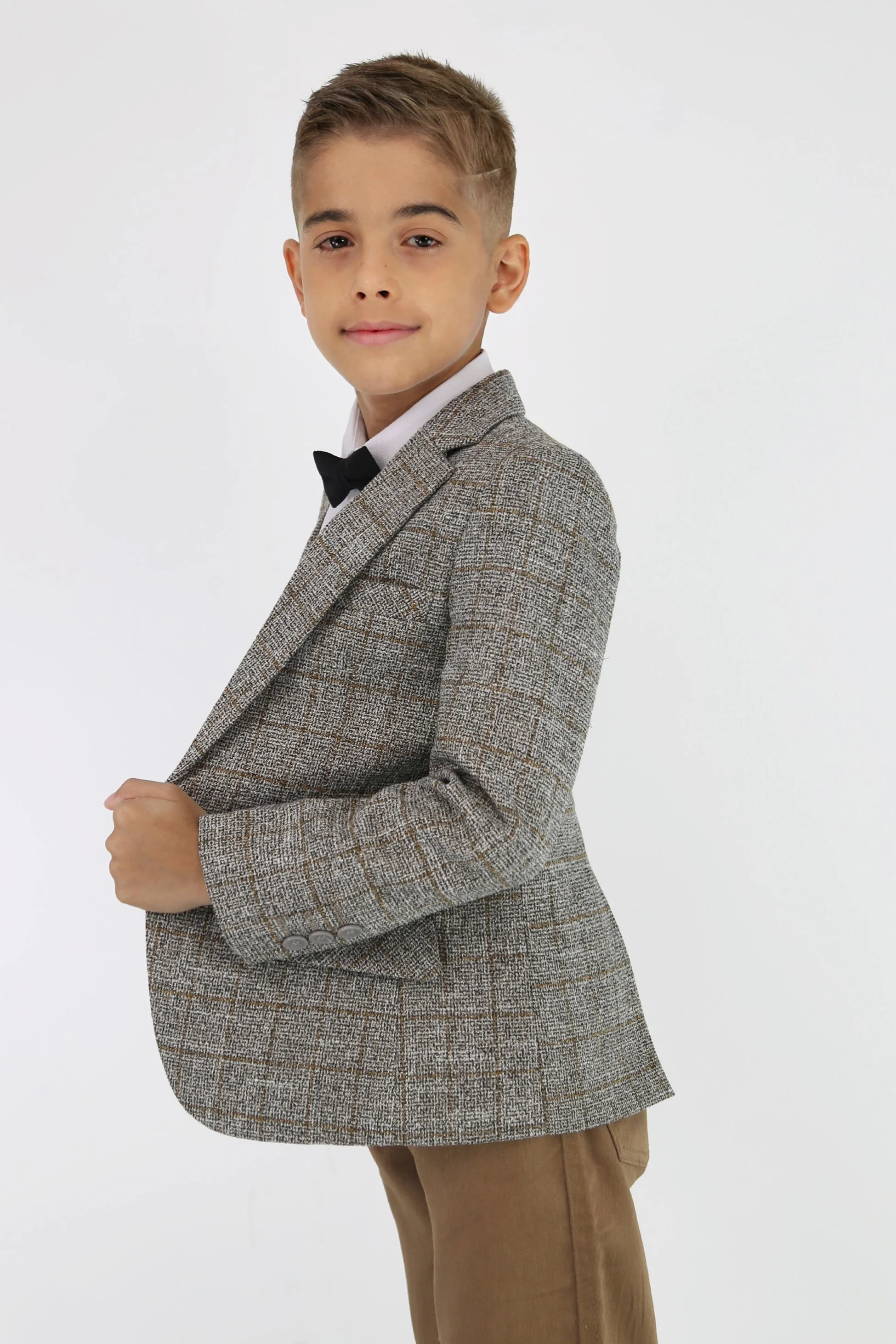 Boys Cotton Blend Tweed Like Check Blazer - Beige - Image 5