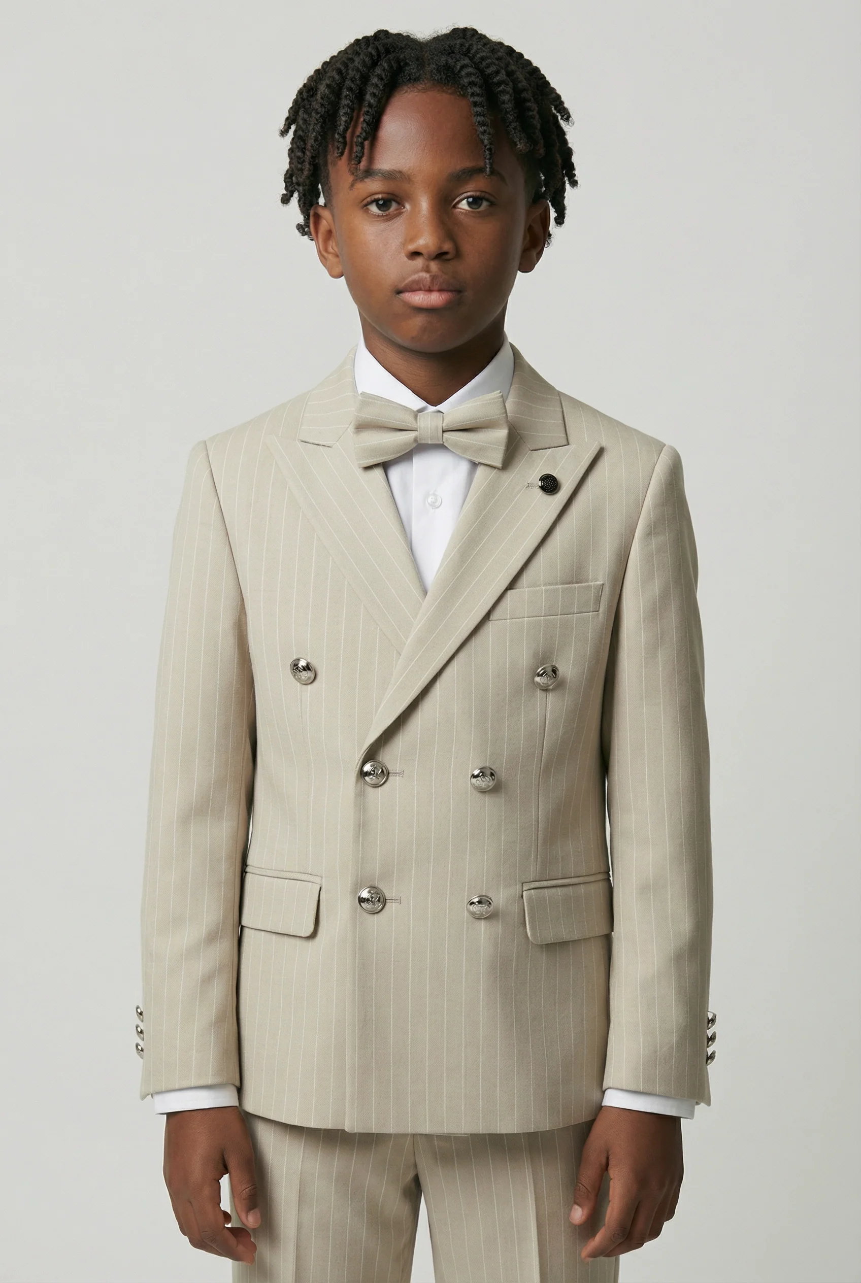 Boys Double-Breasted Pinstripe Suit - 3-Piece & 6-Piece Set - Beige - Image 2