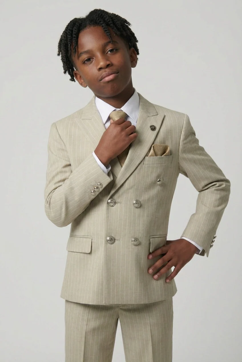 Boys Double-Breasted Pinstripe Suit - 3-Piece & 6-Piece Set - Beige - Image 3