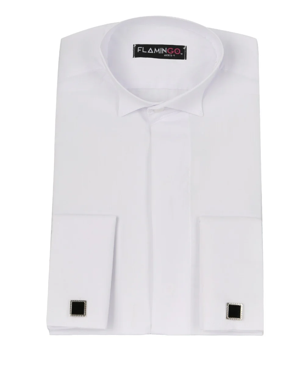 Boys Wing Collar White Cufflink Shirt - White