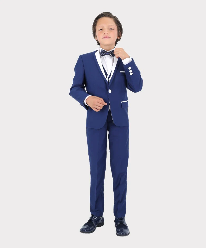 Boys Exclusive Piping Tuxedo Suit - Dark Blue - White