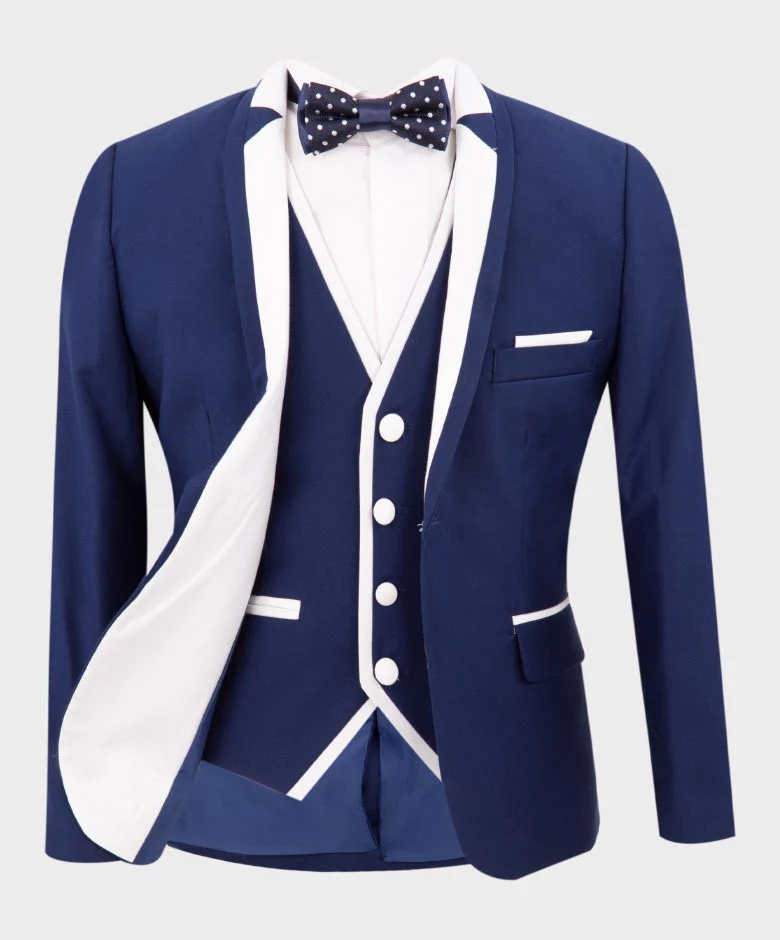 Boys Exclusive Piping Tuxedo Suit - Dark Blue - White - Image 3