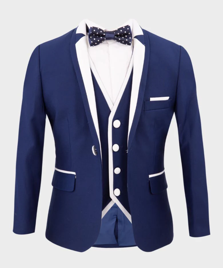 Boys Exclusive Piping Tuxedo Suit - Dark Blue - White - Image 4