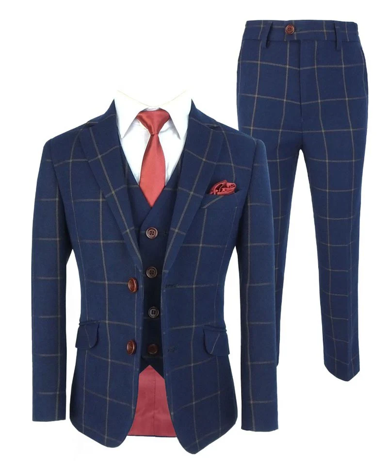 Boys Windowpane Check Woven Effect Navy Suit Set - Navy blue- Brown - Image 3