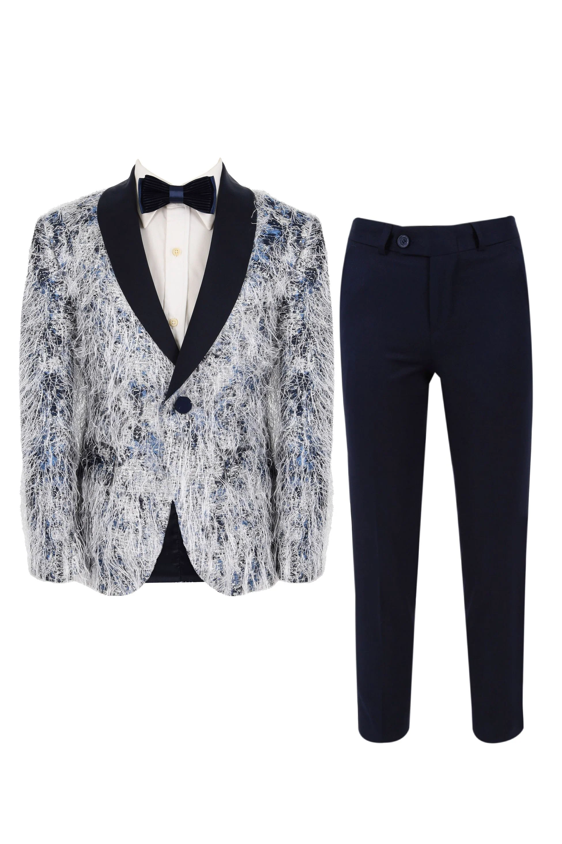 Boys Feathers Pattern Tuxedo Suit - Navy Blue - Image 5