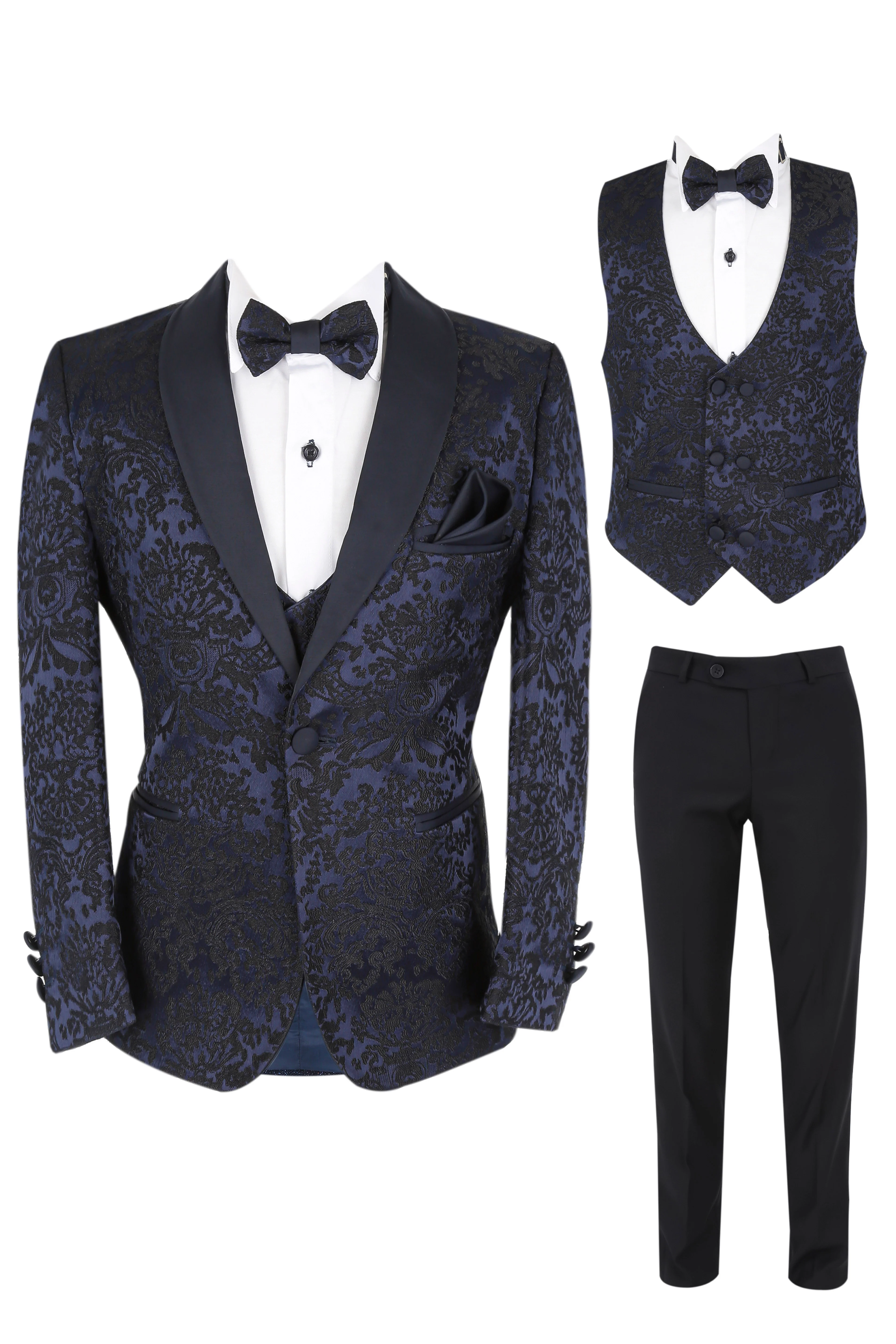 Boys Floral Embroidered Tuxedo Suit Set - Navy Blue - Image 4