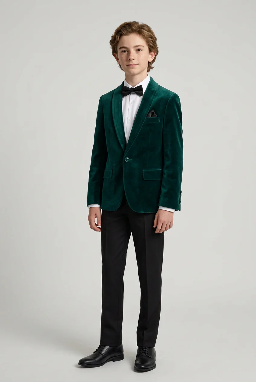 Boys Formal Velvet Blazer Jacket - Green - Image 2
