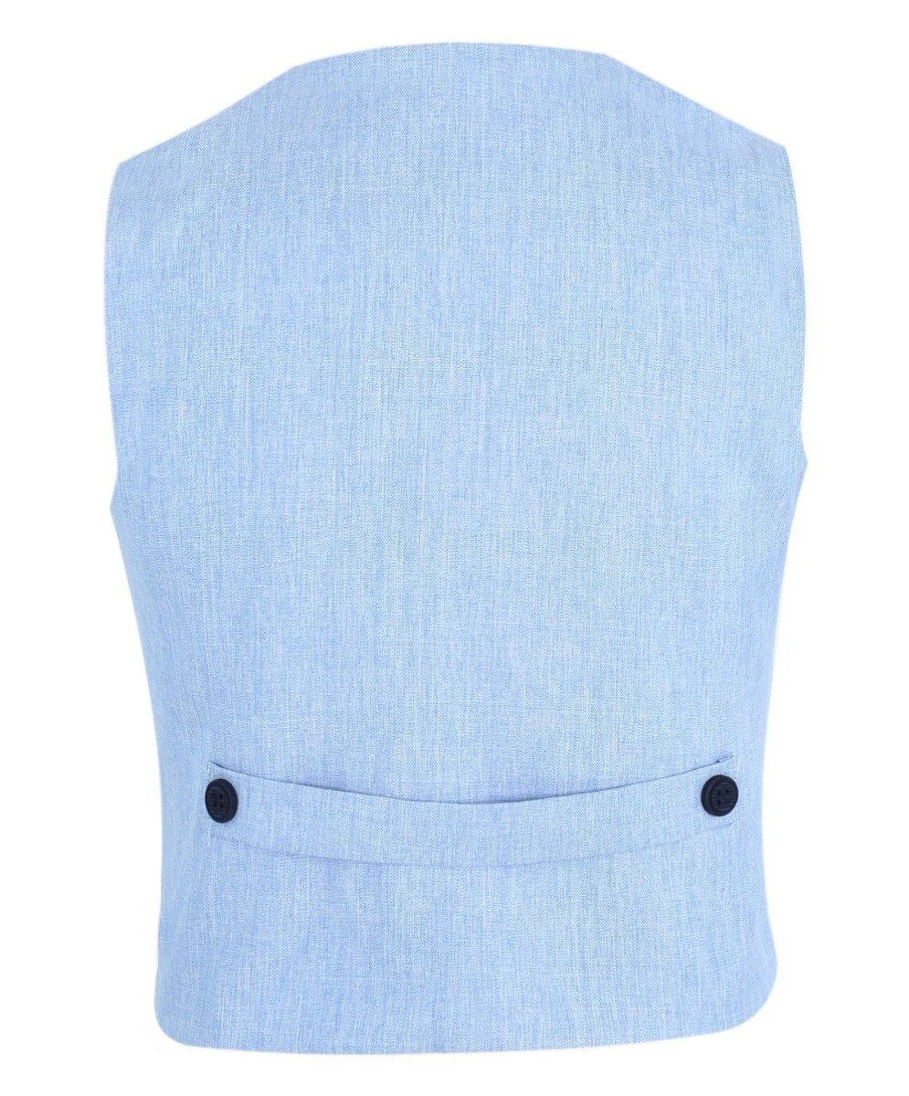 Baby Boys Cotton Linen Waistcoat Suit Set 3 Piece - Sky Blue - Image 4