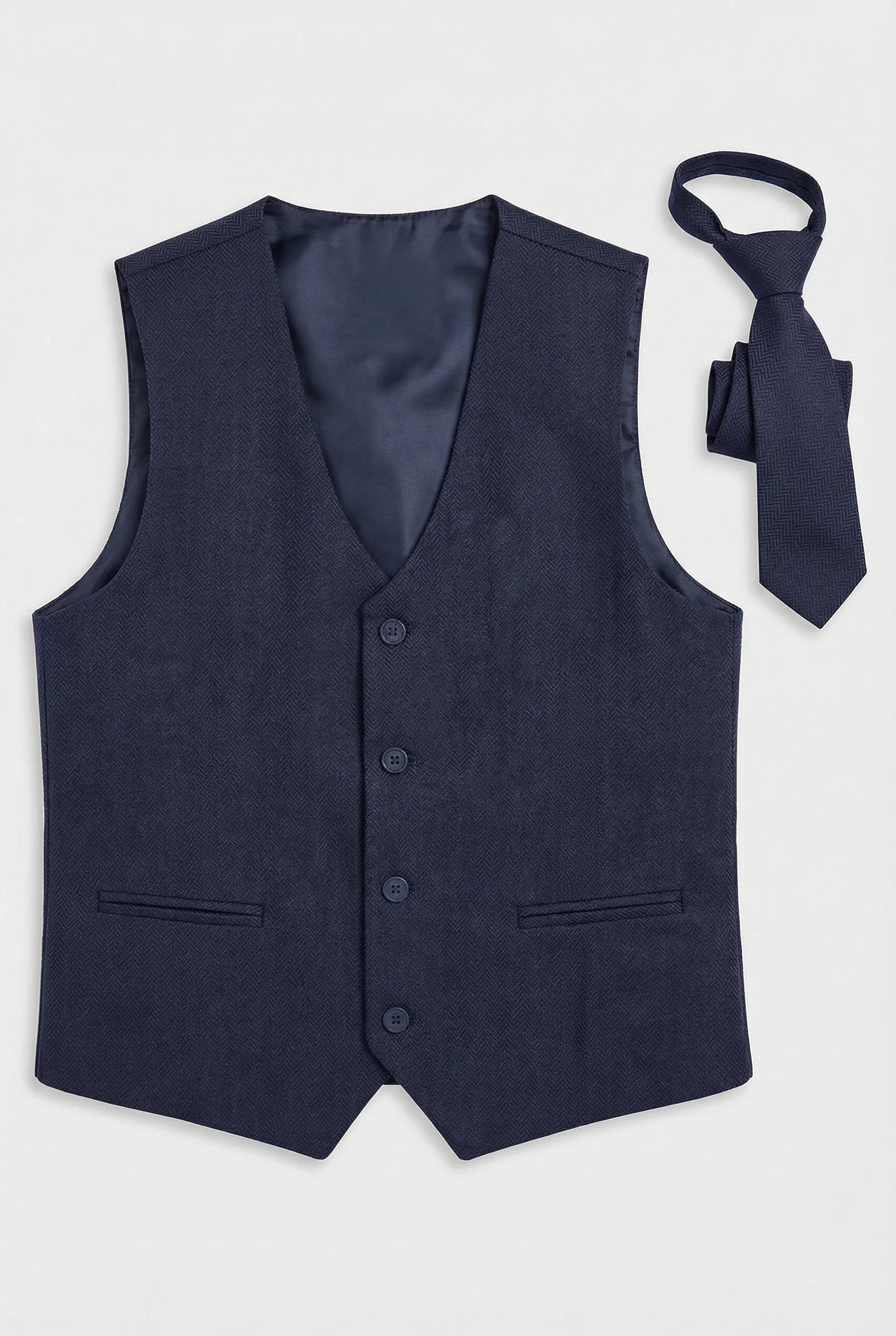 Boys Tweed Herringbone Waistcoat - Navy Blue - Image 5