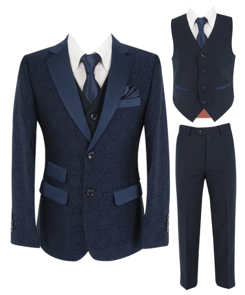 Boys Patterned Navy Suit - JACQUARD - Navy Blue - Image 4