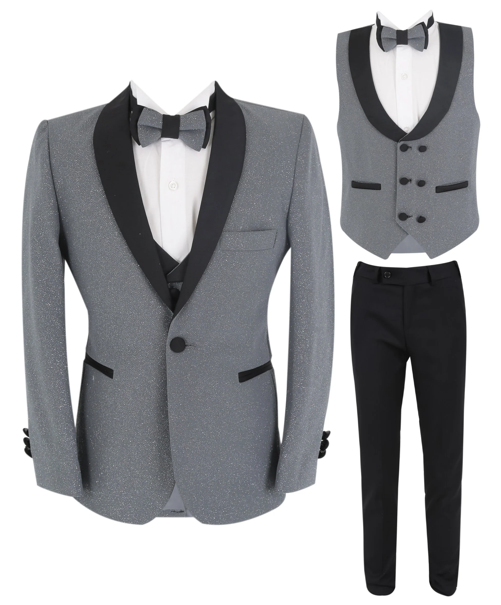 Boys Slim Fit Shimmer Tuxedo Suit - Grey - Image 4