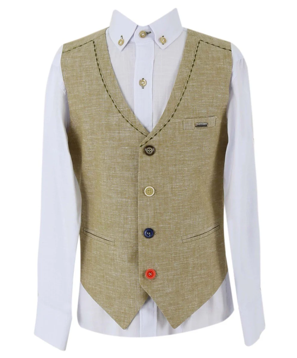 Boys Linen Single Breasted Waistcoat Suit Set - Mustard