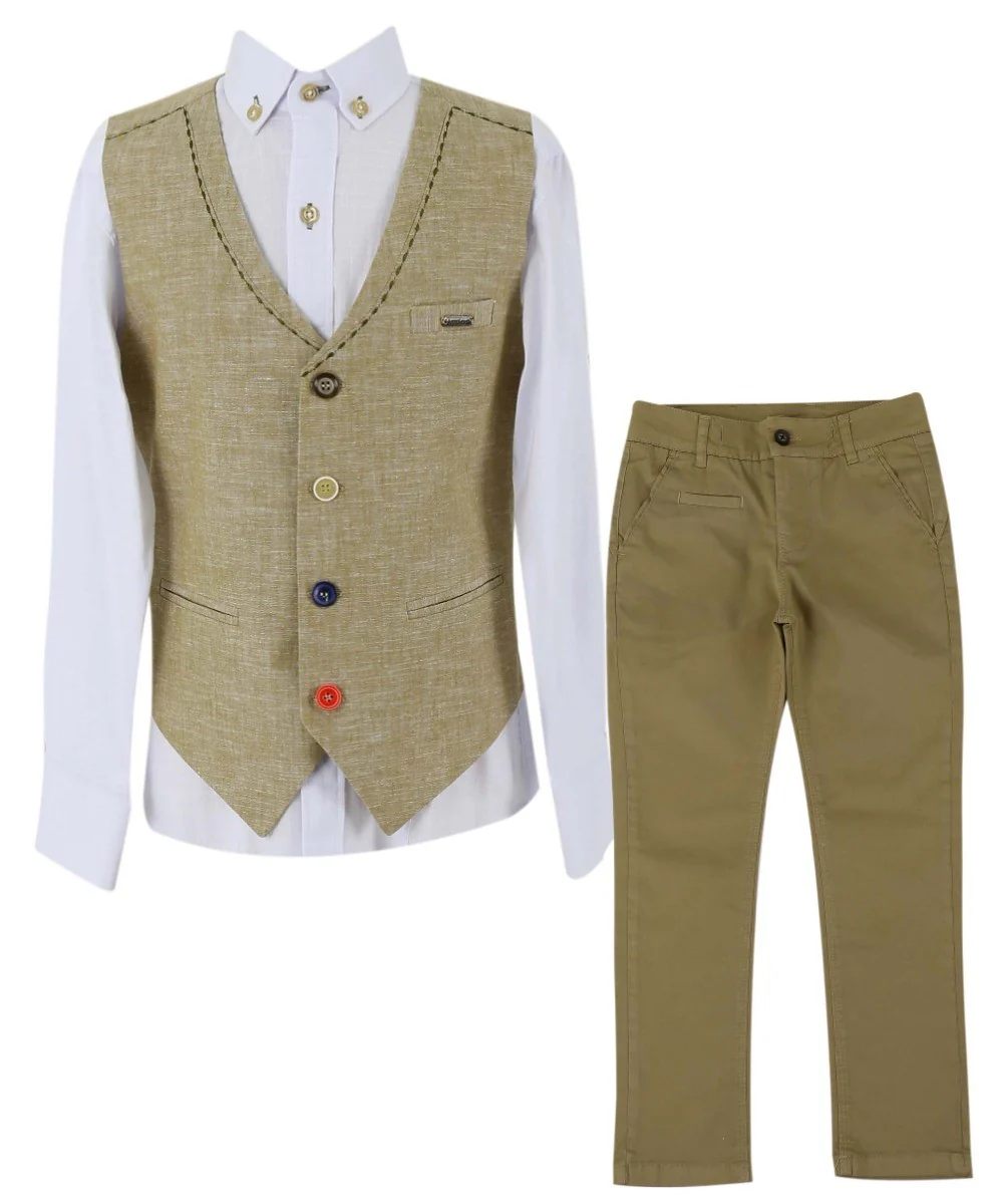 Boys Linen Single Breasted Waistcoat Suit Set - Mustard - Image 3