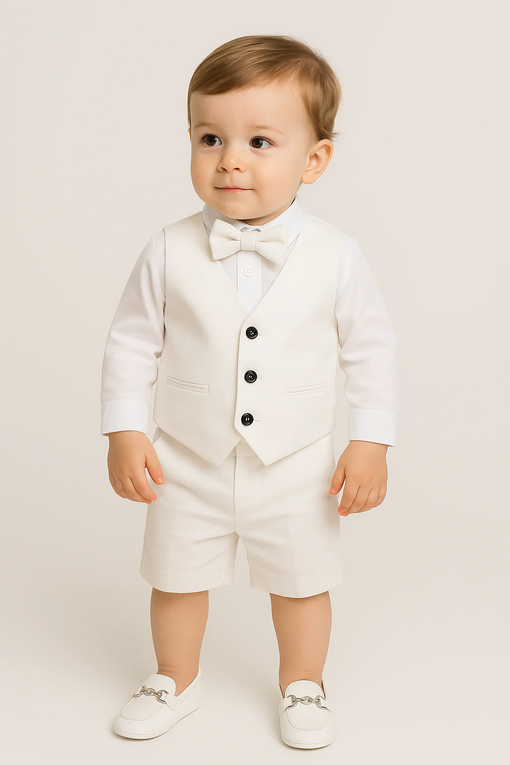 Baby & Boys 3-Piece White Cotton-Linen Waistcoat Shorts Suit Set - WHITBY - Image 3