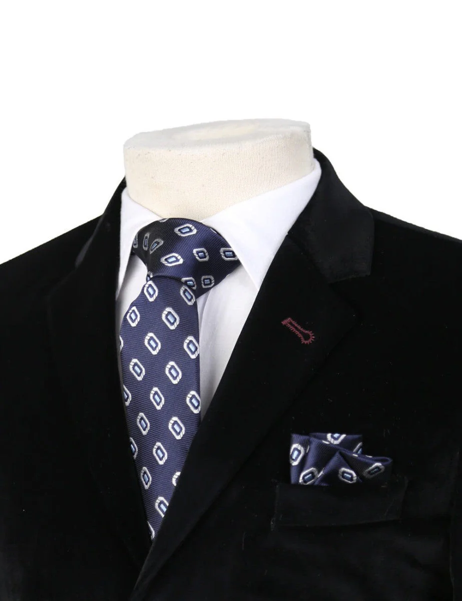 Boys Mixed Pattern Formal Tie & Hankie Set - Navy Blue