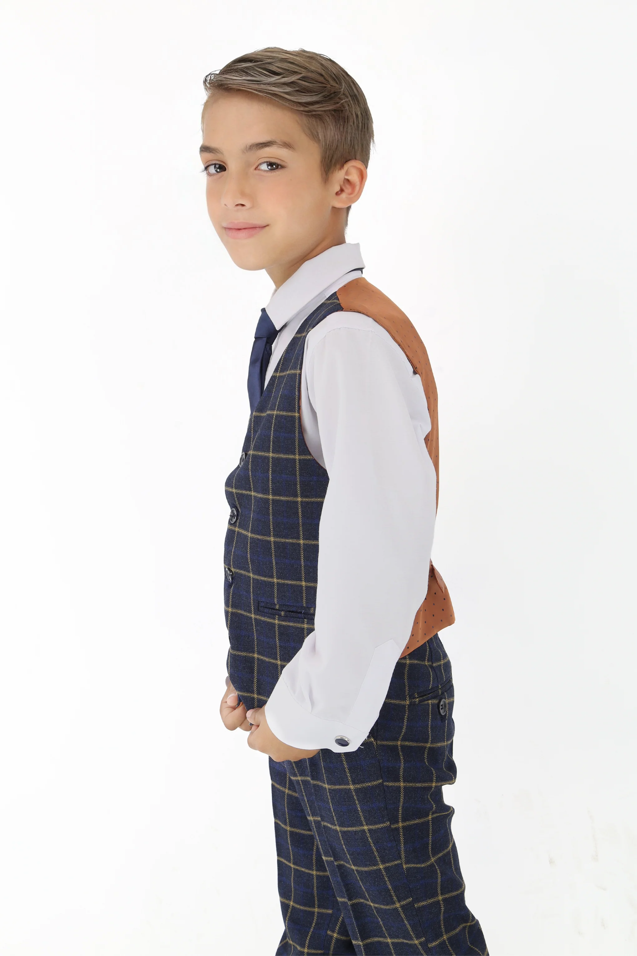 Boys Navy Blue Retro Check Suit - Navy Blue - Image 10