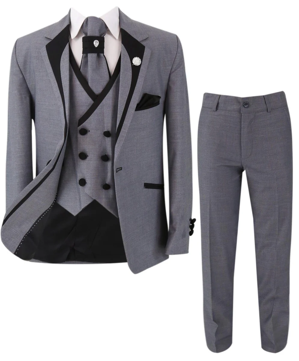 Boys Slim Fit Piping Grey Tuxedo Suit - Grey - Image 3