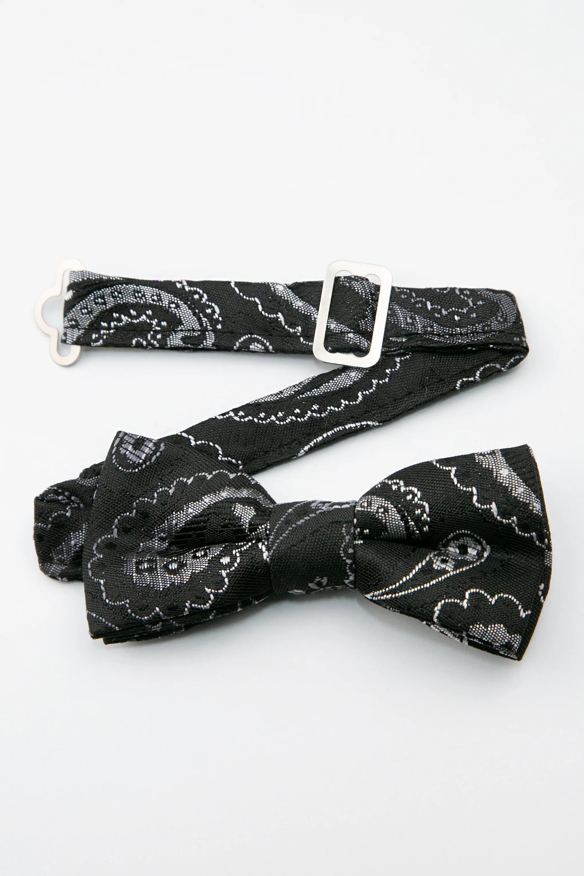 Boys’ Paisley Pre-Tied Dickie Bow Tie - Black and Silver - Image 2