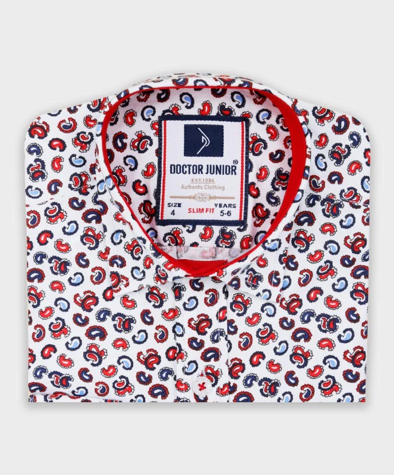 Boys Slim Fit Casual Paisley Shirt - White- Red - Image 3