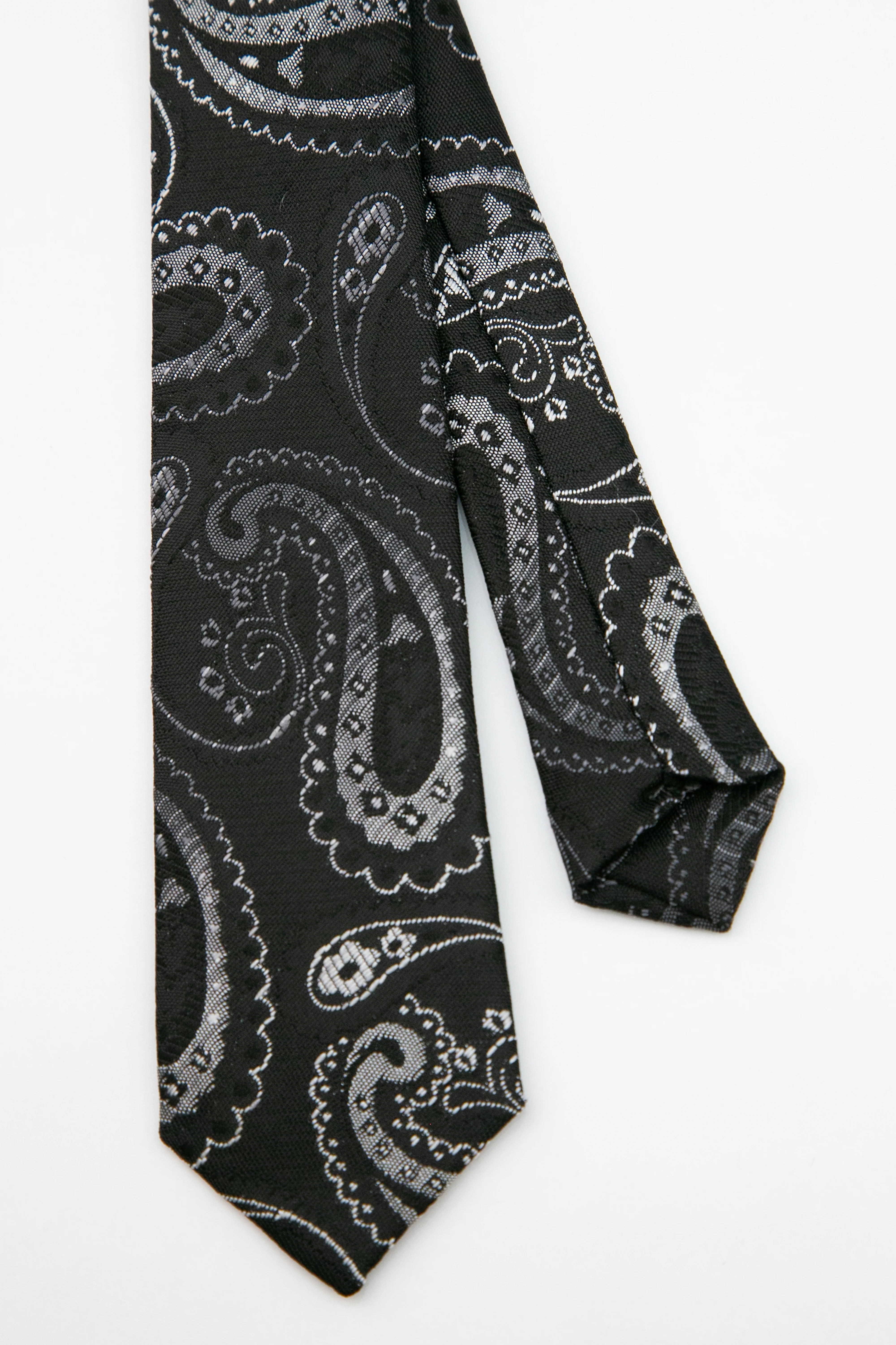 Boys’ Paisley Slim Tie & Pocket Square Set - Black and Silver - Image 3