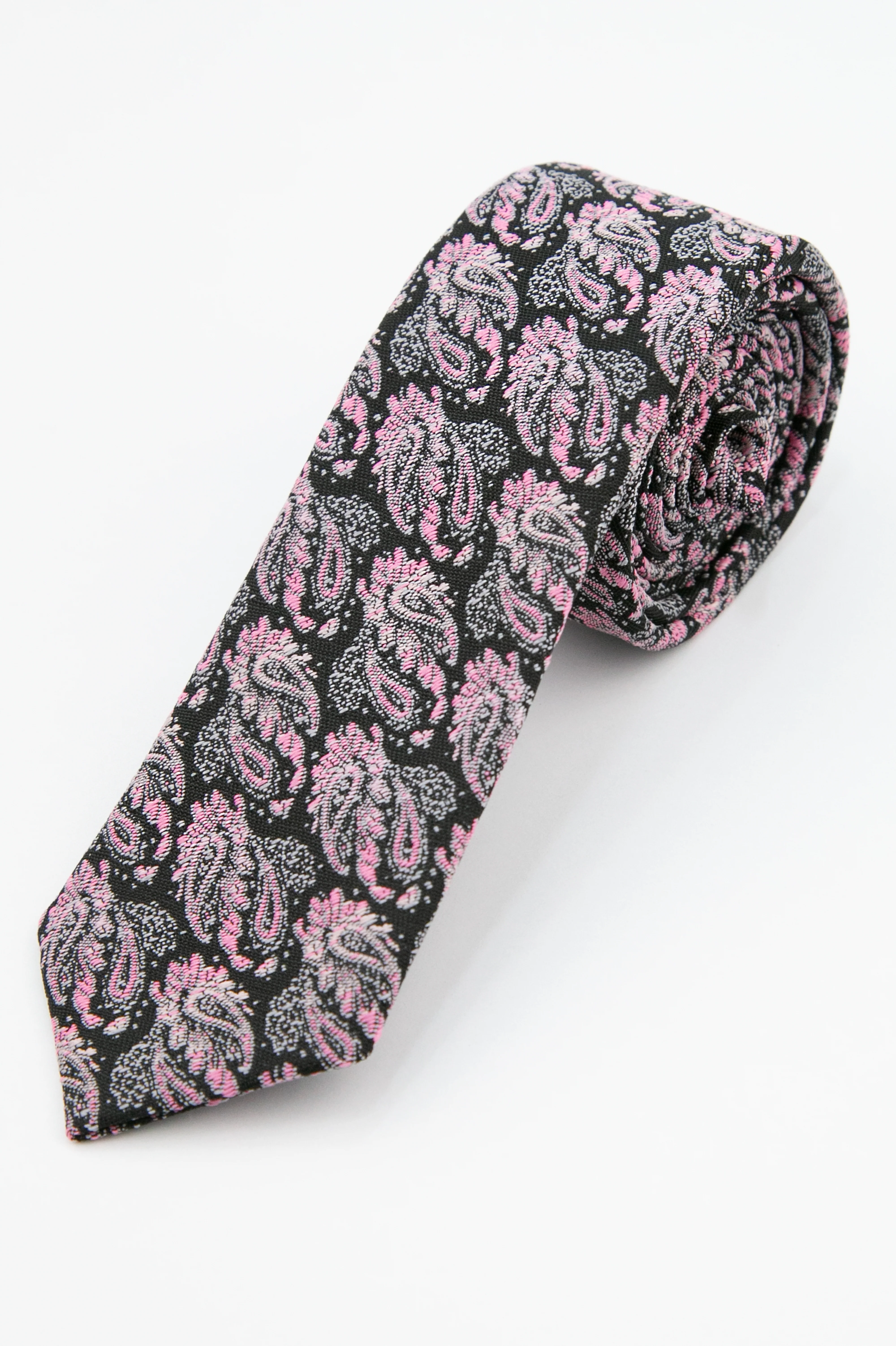 Boys’ Paisley Slim Tie & Pocket Square Set - Pink and Black - Image 2