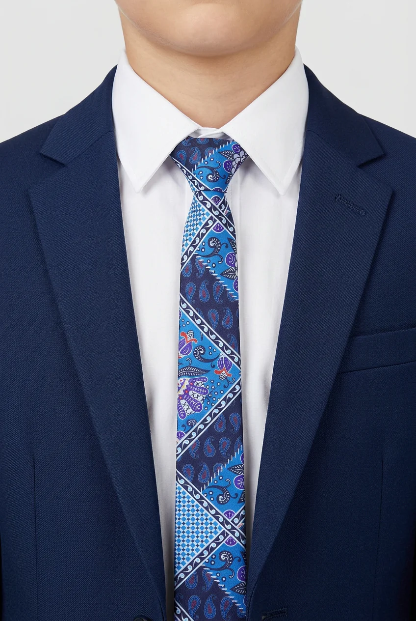 Boys Patch Work Jacquard Slim Tie - Royal Blue - Image 3