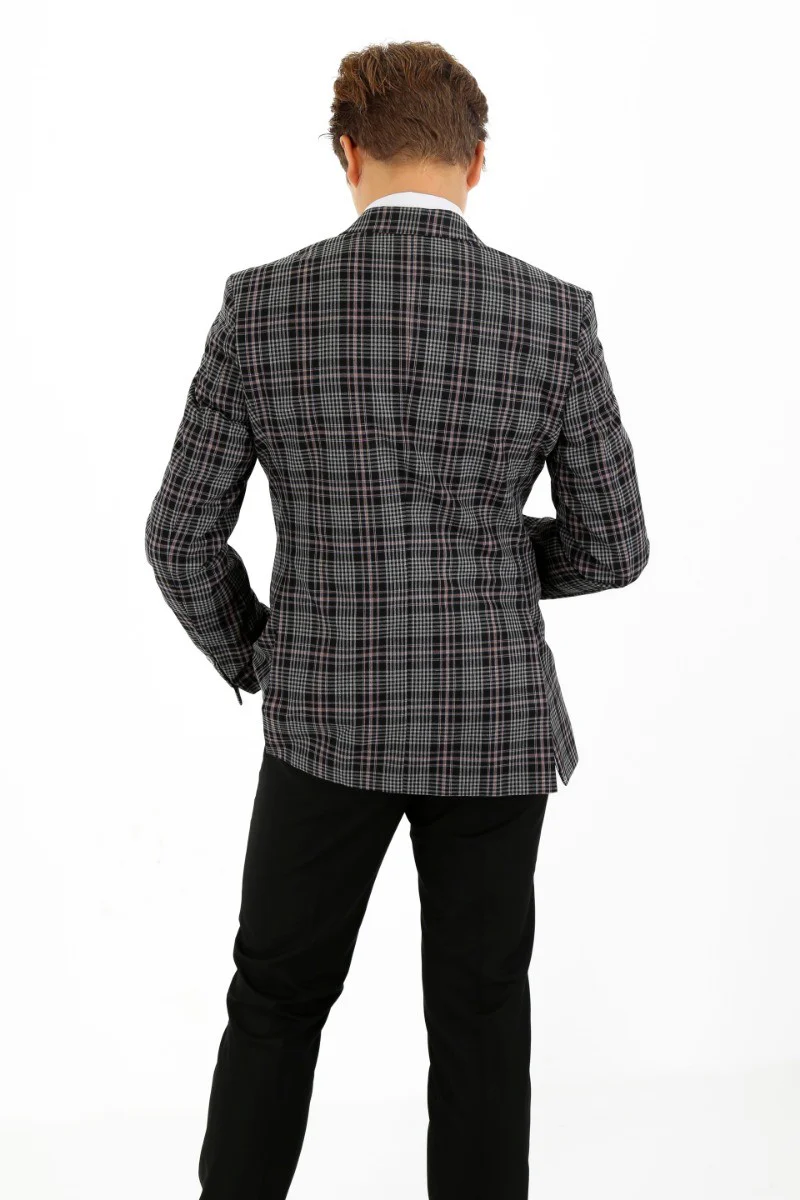 Boys Plaid Check Slim Fit Suit - Black - Grey - Image 5